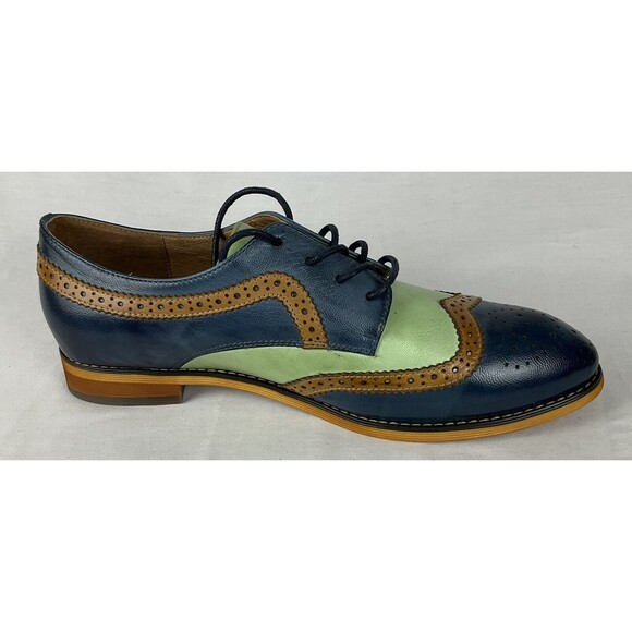 MONA FLYING 10.5 EU 43 Blue Green Leather Lace-up Oxfords Wingtip Derby Shoe - Picture 5 of 11
